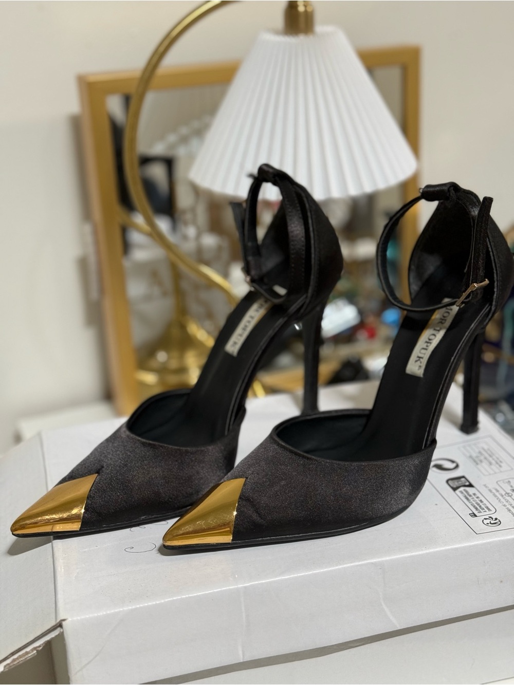 Black Satin Pointed Toe Heels with Gold Tip - Women